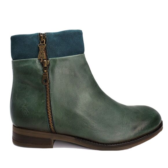 New Fly London Abys Petrol Green Leather Zip Up Ankle Boot EU 37 US 6-6.5 - Picture 1 of 5